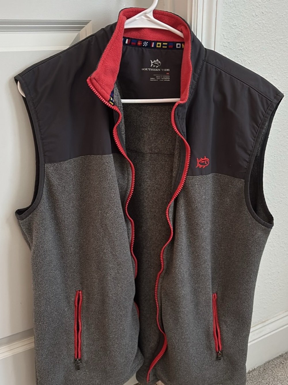 Men’s Southern Tide Gray Fleece Vest with Red Trim and Black Yoke